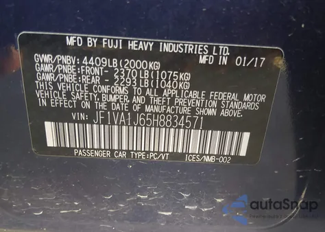 2017 Subaru Wrx Limited из США, поврежденный, VIN JF1VA1J65H8834571